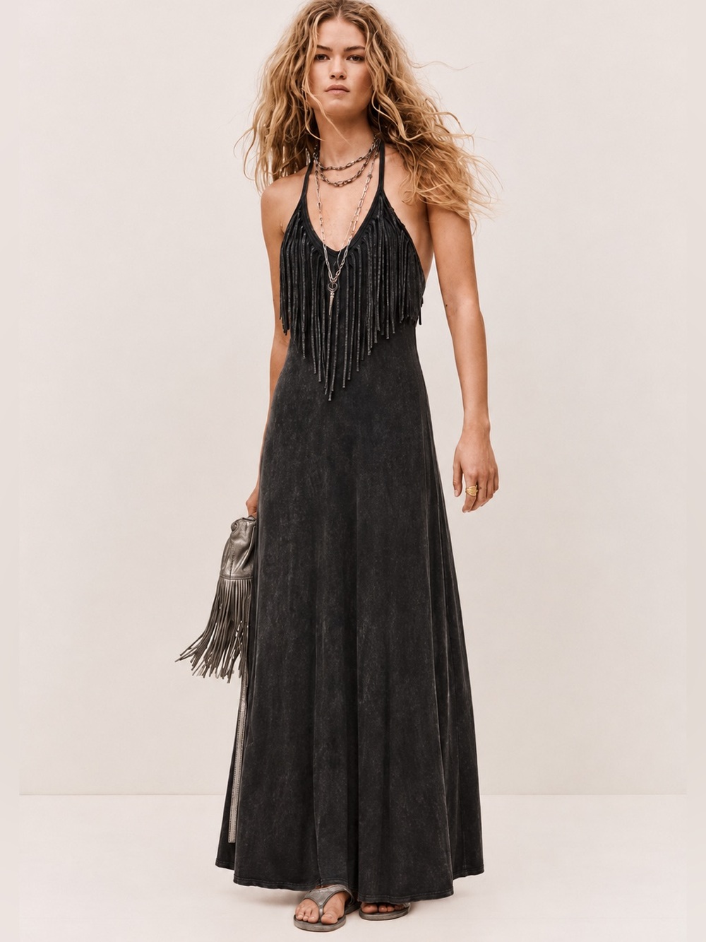 T-Party Acid Wash Fringed Stretch Knit Maxi Halter Dress
